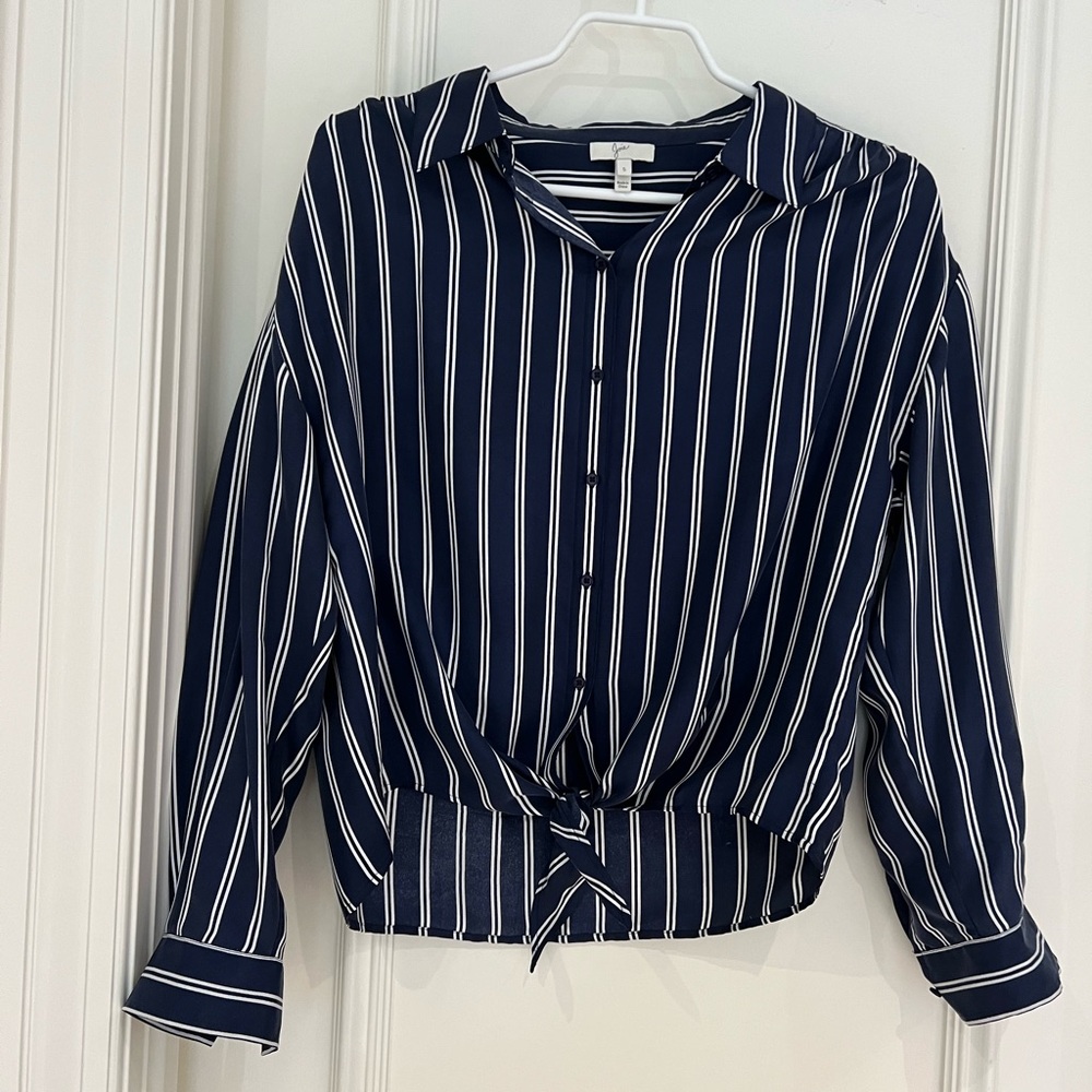 Joie Navy and White Striped Button-Up Blouse